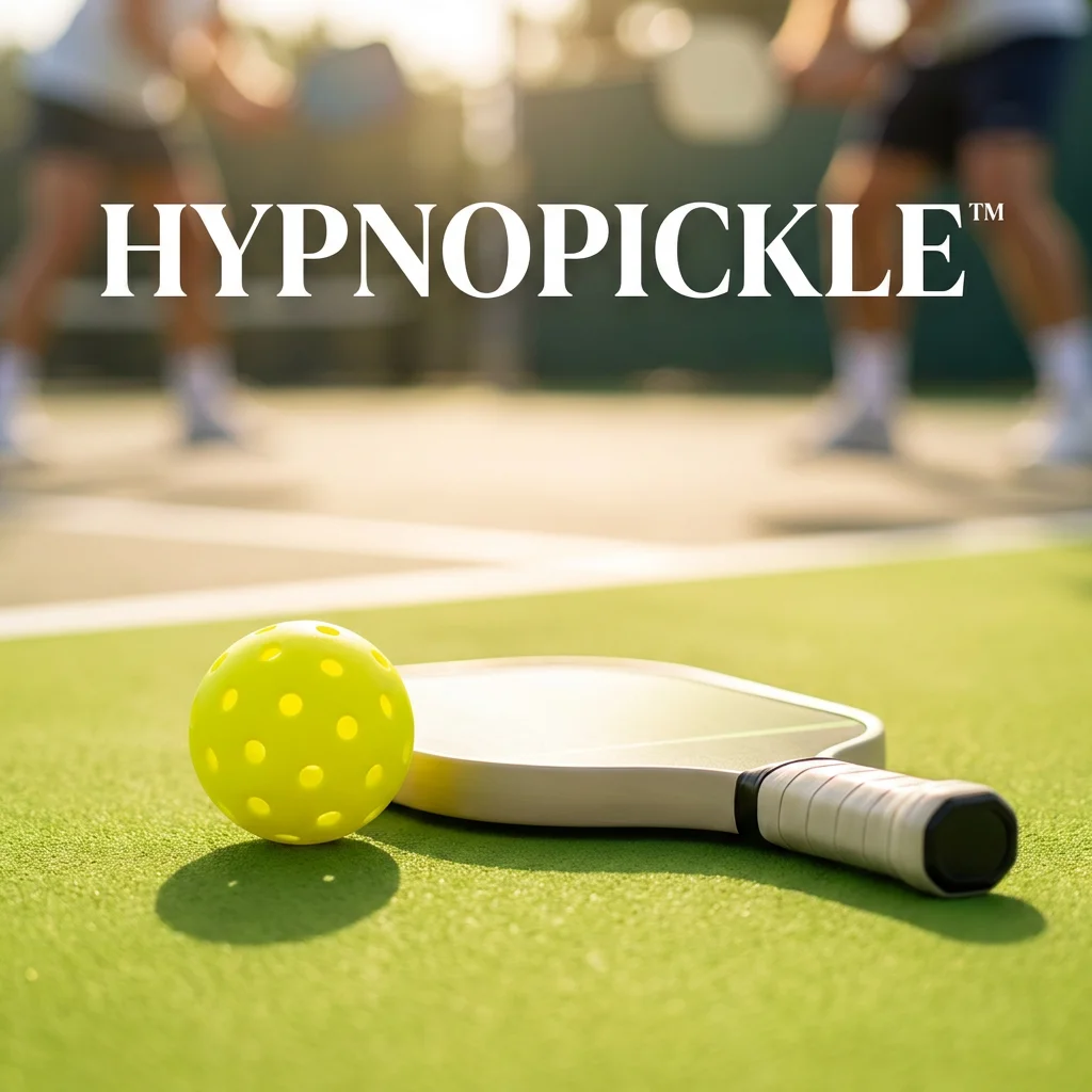 A pickleball paddle and ball resting on a court at golden hour