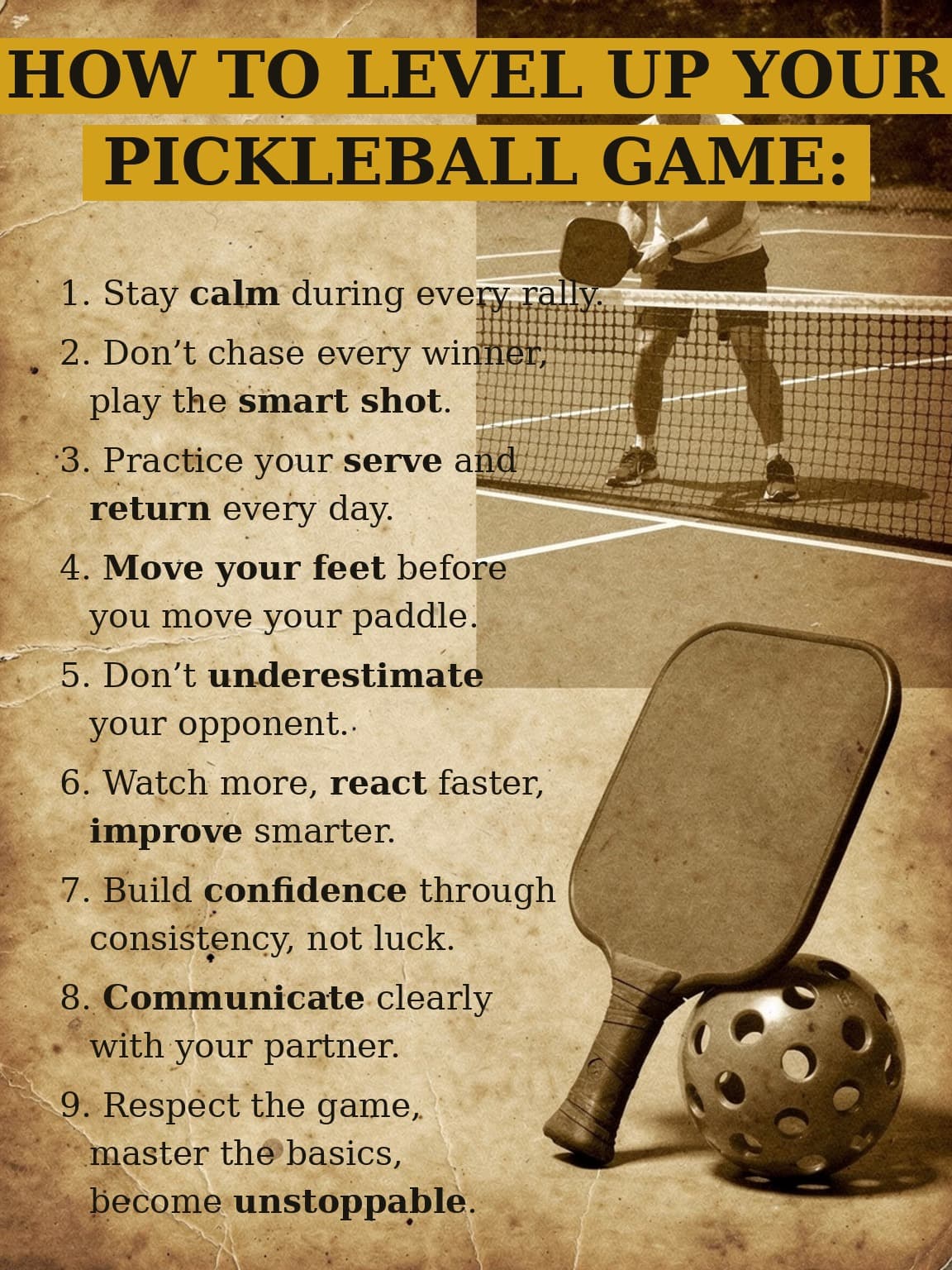 How to level up your pickleball game, 9 tips poster